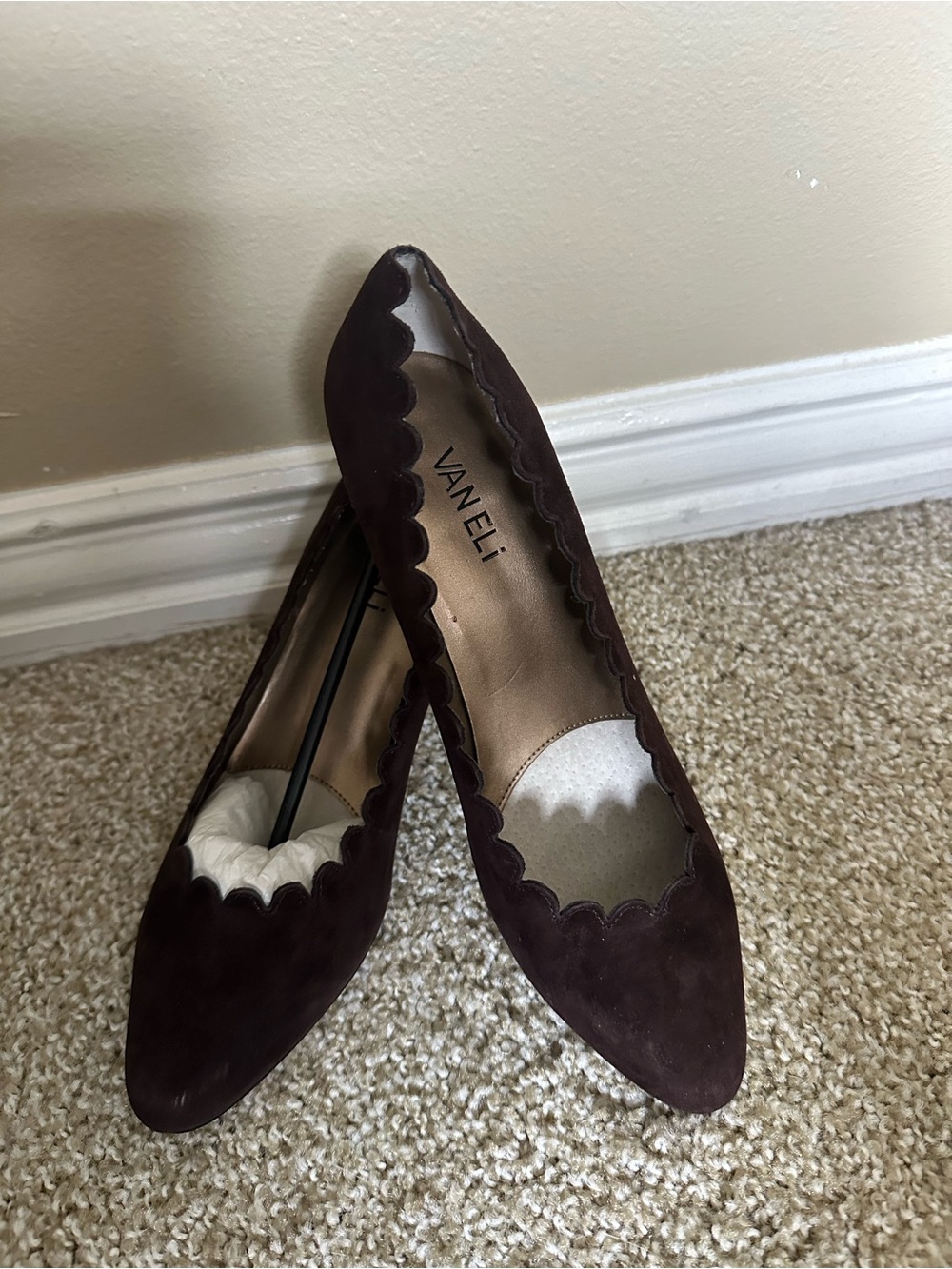 Vaneli Women's Scalloped Pointed Suede Flats in Deep Brown